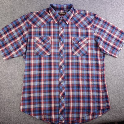 Roper Western Shirt Mens XL Red Blue Plaid Pearl Snap Short Sleeve Metallic 