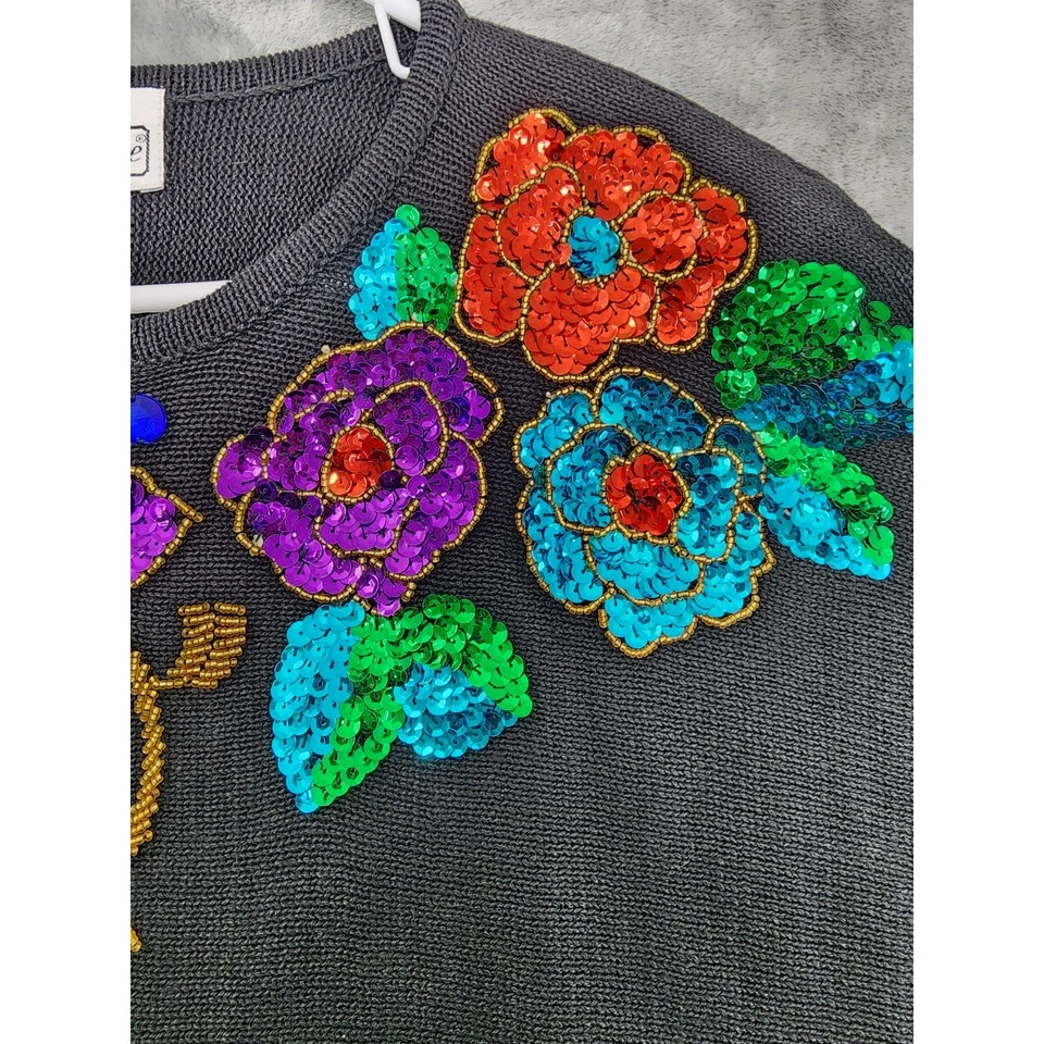 全新 复古 Fitting Image 亮片串珠圆领毛衣 尺寸 14/16 黑色 Ramie — 第 4/4 张图片