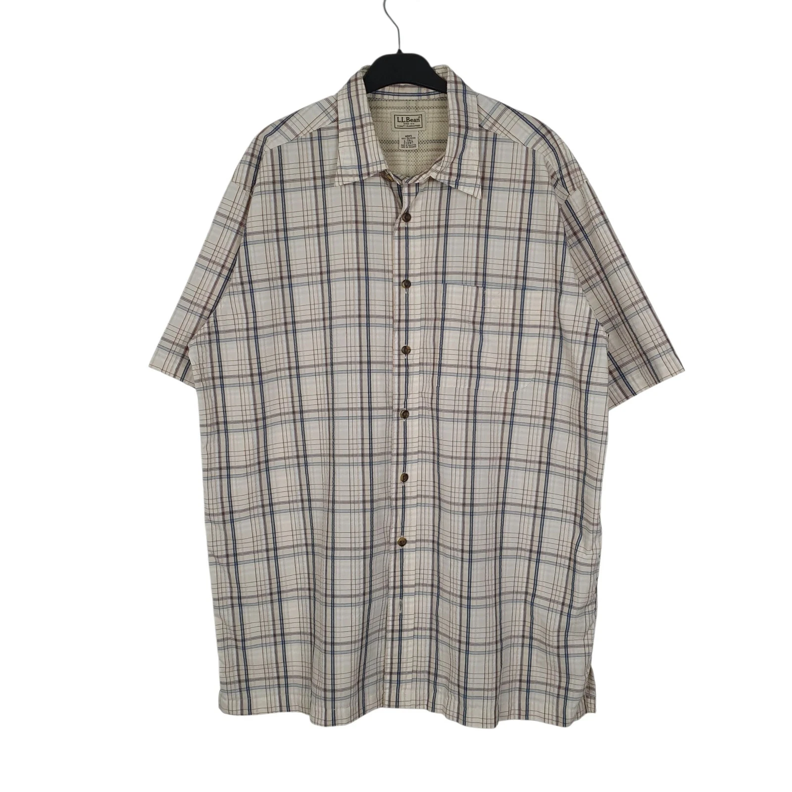 L.L.BEAN Cream Check Shirt Hiking Walking Short Sleeve Polyester Mens LT