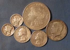 LOT 6 US SILVER COINS 1921 D MORGAN SILVER DOLLAR 1964 HALF $ 2 QUARTERS ETC