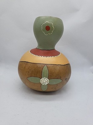 Vintage Hand Painted Gourd Vase Folk Art Floral Rustic Primitive Decor Signed DA