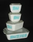 PYREX - 8 pc. White-Turquoise BUTTERPRINT Refrigerator, Lid Set - #501, 502, 503