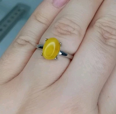 Honey Yellow Amber Crystal Gemstone Ring Adjustable Silver Tone Plated Simple - Image 1 of 4