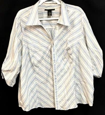 * Venezia blue white striped ruched elbow sleeve stretch buttoned down top 26/28