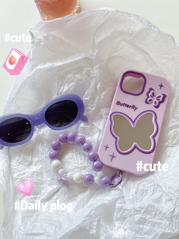 Cute Purple Butterfly Mirror Case with Chain for iPhone 15 14 13 12 11  