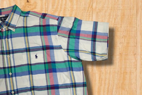 VINTAGE POLO RALPH LAUREN LARGE PLAID COTTON BLAIRE SPORT CAMP SHIRT GREEN BLUE - Picture 2 of 9