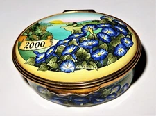HALCYON DAYS ENAMEL BOX - YEAR 2000 - MORNING GLORY FLOWERS & SUNRISE & RIVER