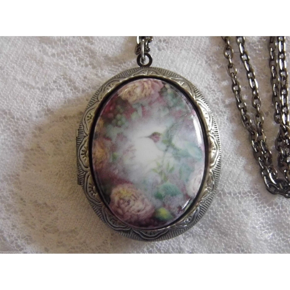 Hummingbird Rose Locket Antique Silver Necklace Porcelain Cameo Memory PHOTO - Image 2 of 4