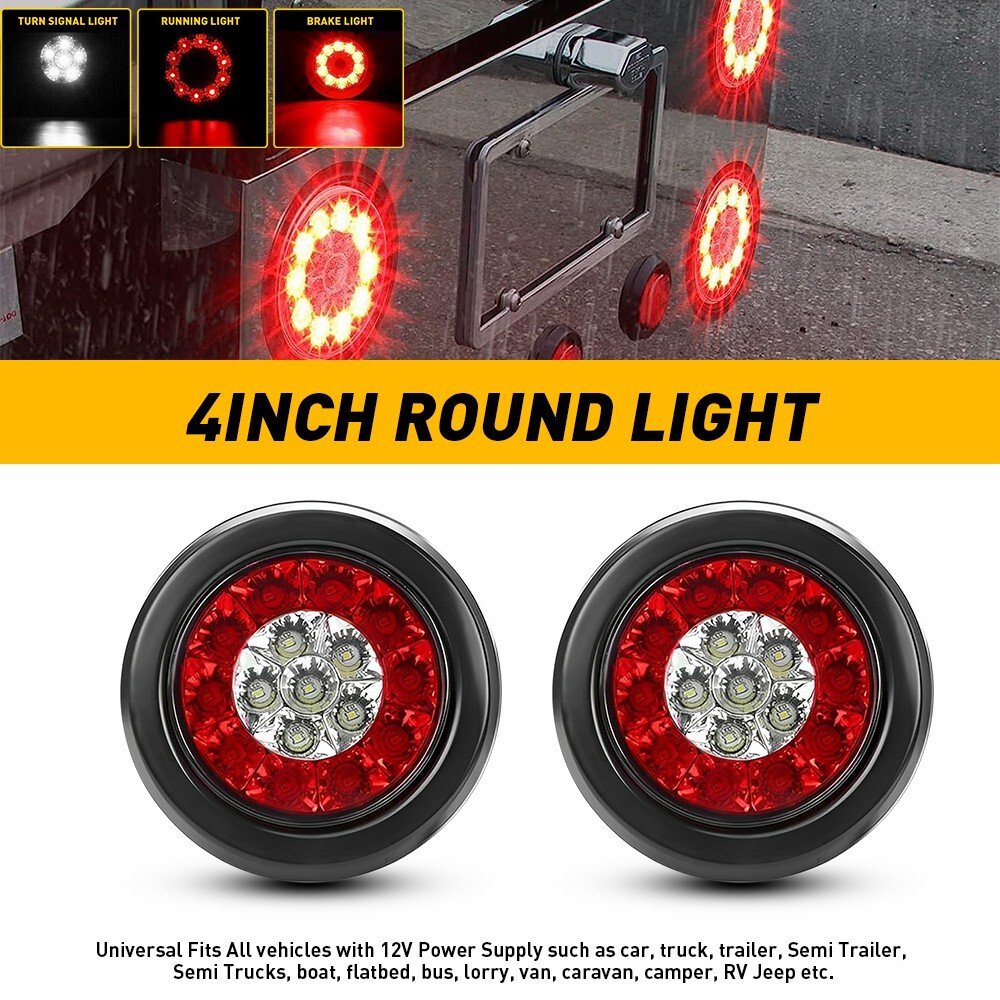 2X 4.7in Round Red White 16-LED Truck Trailer Brake Stop Turn Signal Tail Lights