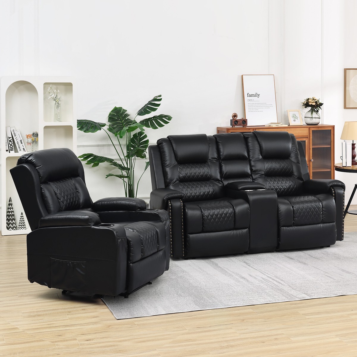 Black 2+1 Massage Recliner Chair Set,2 Seater Loveseat Single