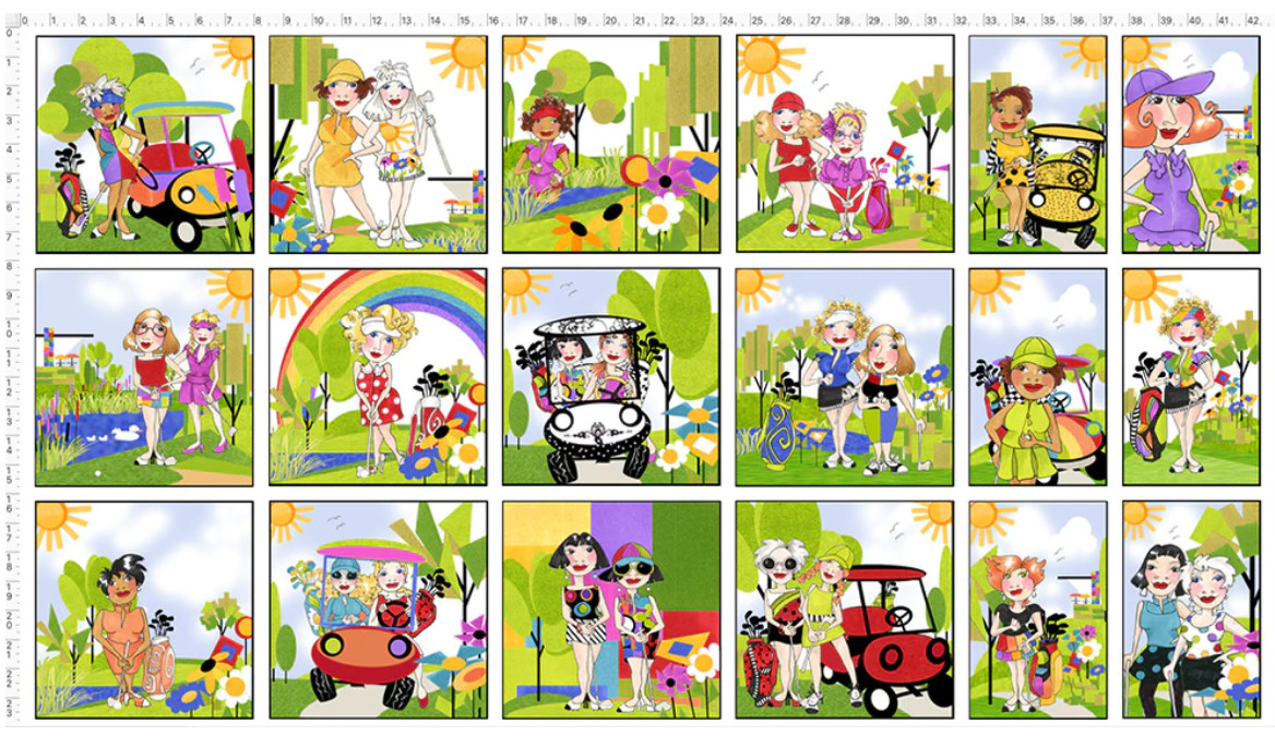Loralie Designs Golf Happy Panel Lady Golfer Golfing Cotton Fabric 24"X44" Panel