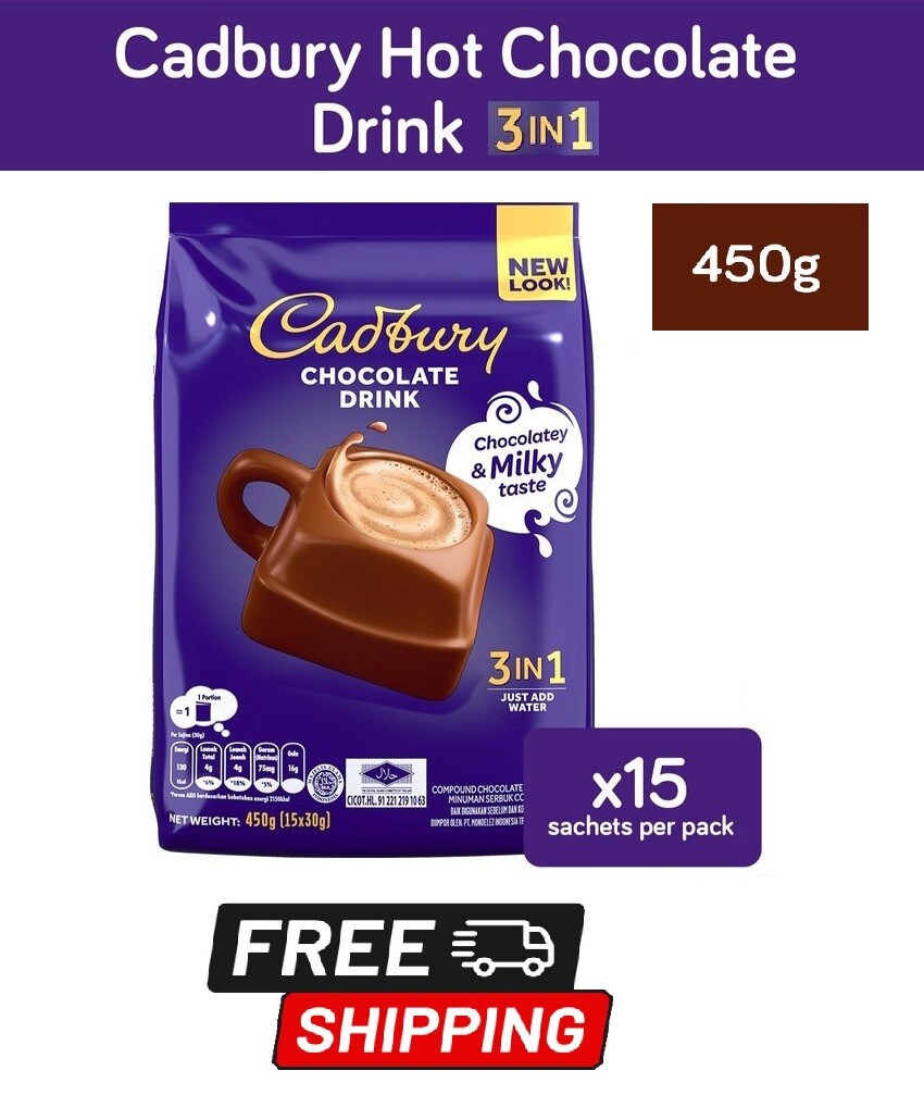 Cadbury Tasty Milky Hot Chocolate 3 in 1 Instant Drink 15 x 30g FREE SHIPPING