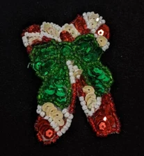 Vintage Sequin Red White Christmas Candy Cane Green Bow Button Cover 10847