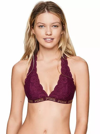 New Victoria's Secret PINK Lace T-Back Halter Bralette Small Burgundy NWT  B1710