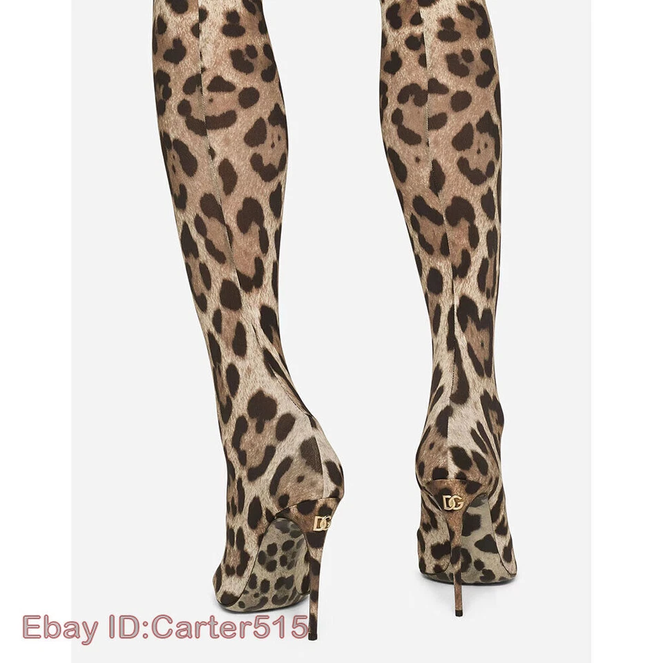 Botas elásticas hasta la rodilla con punta en punta para mujer tacón de aguja estampado de leopardo Foto 3 de 4