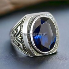 Blue Sapphire Oval Cut Gemstone With 14K Solid White Gold Ring For Men's 331
