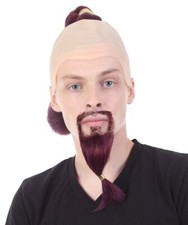 Adult Men's Genie Wig with Beard and Mustache Set, Burgundy, Breathable Bald Cap