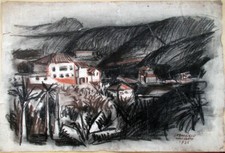 ✅Disegno carboncino policromo Paesaggio firmato Larmelio Ouro Petro? 1955 55x38