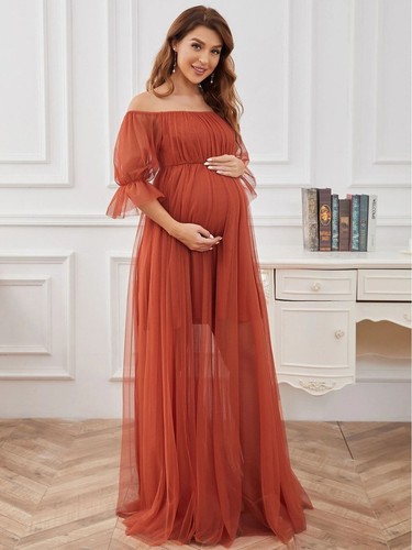 Women's Off-Shoulder A-line Tulle Maternity Dress for Baby Shower - 第 6/9 張圖片