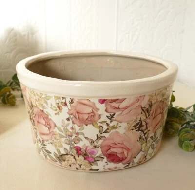 runder Blumentopf Pflanztopf Pflanzschale Rosenmotiv romantisch Craquelé 19,5 cm - Bild 1 von 3