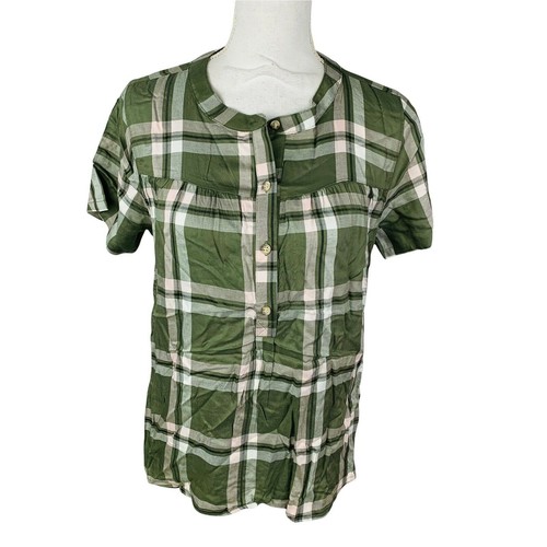 New C&C California Womans Small Blouse Top Plaid Short Sleeve Button Green NWT - Picture 2 of 8