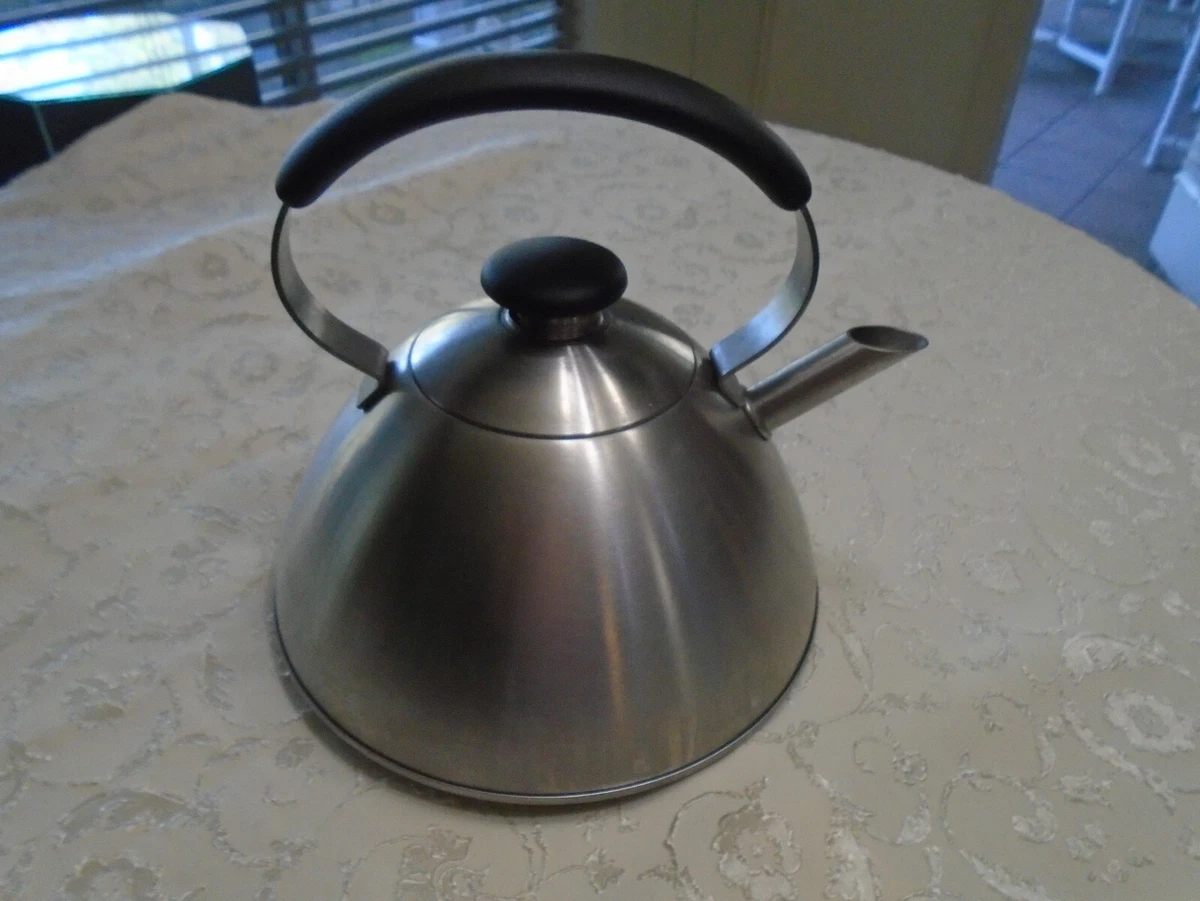 Vtg Whistling Tea Kettle Pot 2 Qt Brushed Stainless Ball Spout Copco MCM Retro