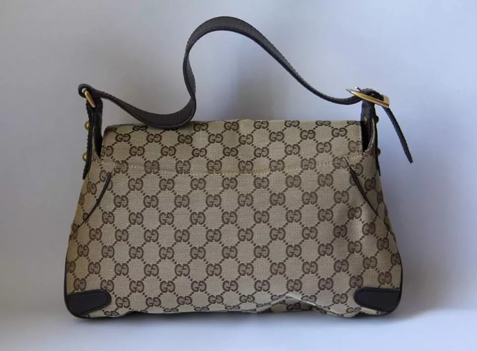 Autêntica bolsa de ombro GUCCI 114915 bege lona couro marrom