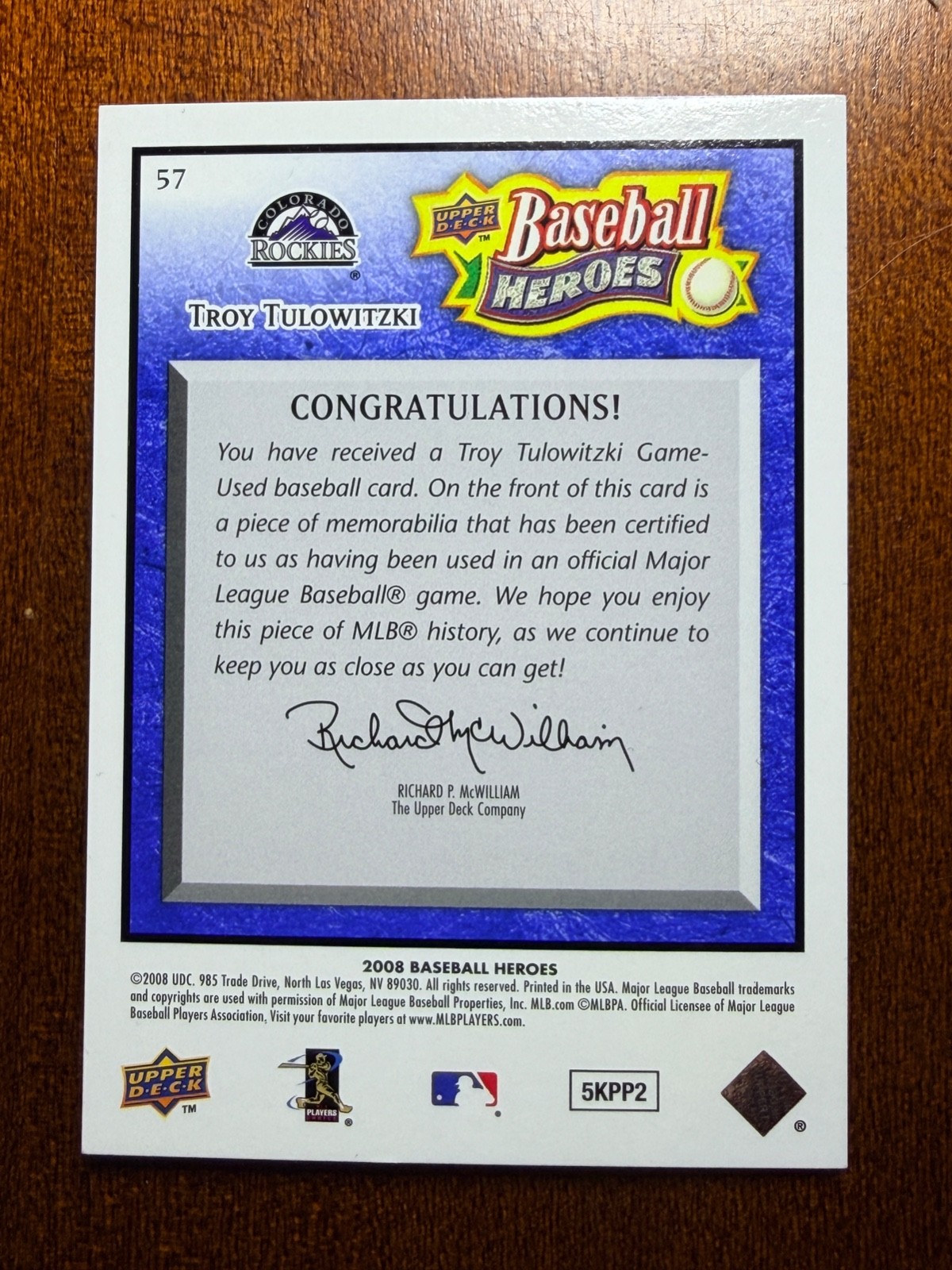 2008 Upper Deck Baseball Heroes Troy Tulowitzki Game Used Jersey Rockies #47/50 view 6