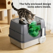 Extra-Large Enclosed Cat Litter Box, Stainless Steel, Flip-Top, W/ Scoop