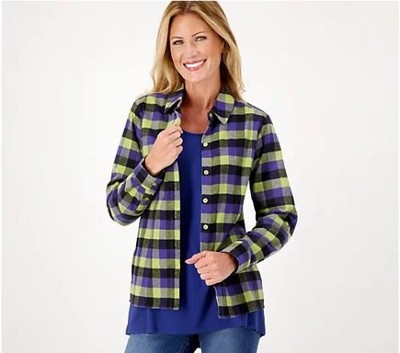 Joan Rivers Cotton Buffalo Check Flannel Shirt (Green Olive, XXS) A519325
