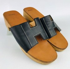 HERMES Sandals Mule Shoes H Logo EU 36 US 6 Leather Wood Black Authentic
