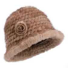 Women's Winter Genuine Mink Hair Knitted Bucket Hat Textile Fishman Cap Fluffy