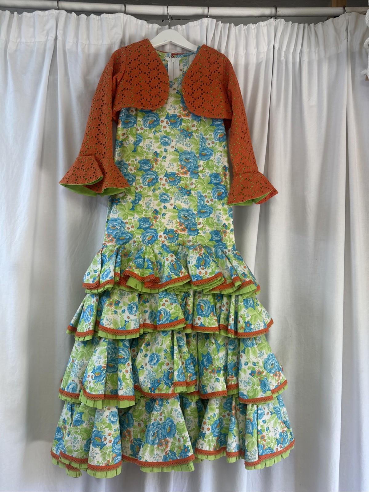 Vestido Flamenca Español Vintage Traje de Flamenca Verde Azul Flor Talla en Descr