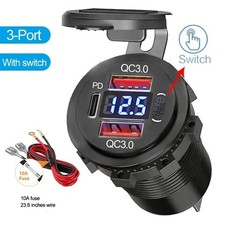 12V-24V PD QC3.0 Dual USB Car Fast Charger Power Socket Outlet LED Voltmeter