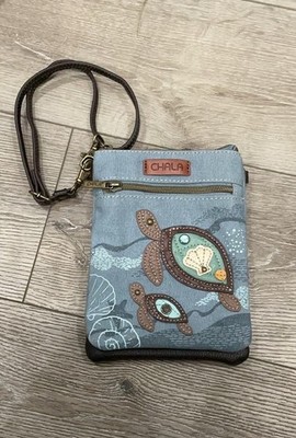 Chala Blue Canvas Sea Turtle RFID Crossbody Bag Double Pocket