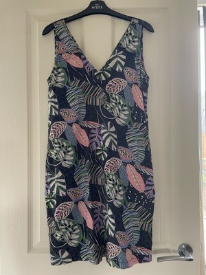 Next Petite Tropical Leaf Linen Blend Shift Dress Size 8 V Neck Summer Pockets