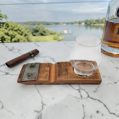 Rustic Oak Whiskey Barrel Coaster Cigar Rest With Glencairn Glass Father's Day