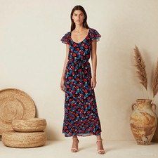 Evening Boho Maxi Dress Multi Floral Chiffon Shift Flutter Sleeve Tie XS