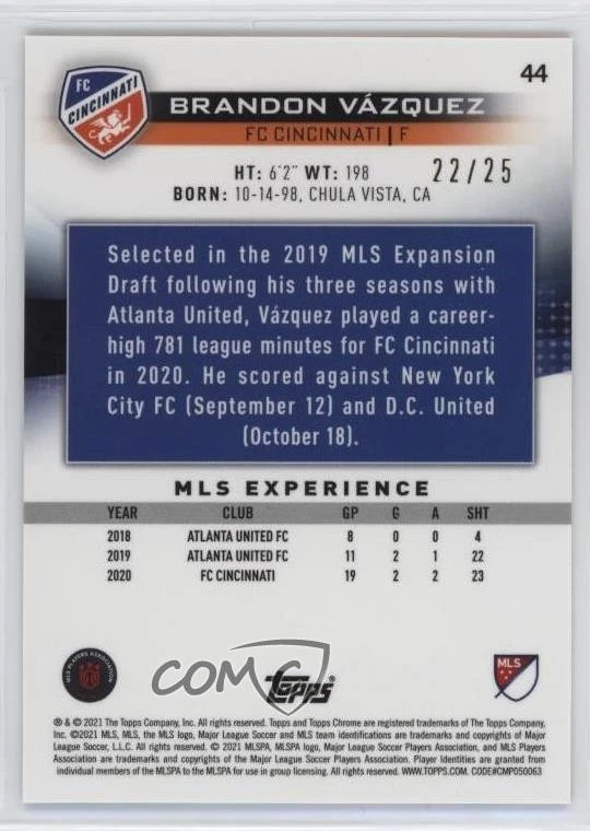 2021 Topps Chrome MLS Sapphire Edition Orange /25 Brandon Vazquez #44 Rookie RC - Image 2 of 2