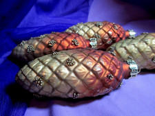 Box of 4  Sparkling Creatives Glass Pinecone Glitter/Brown/Gold Ornaments