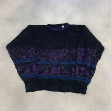 Vintage Abstract Knitted Jumper Patterned Grandad Knit Sweater Men's L