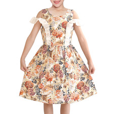 Sunny Fashion Girls Cotton Dress Floral Print Cold Shoulder with Ruffl Size 5-10