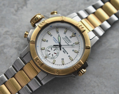 Seiko Chronograph Mapmeter Two Tone Sports Quartz Bracelet RARE Watch White Dial