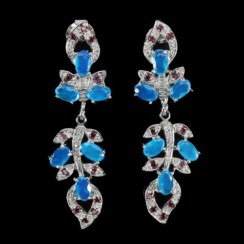 925 Sterling Silver Earrings Oval Blue Opal Rhodolite Garnet Gemstone Jewelry