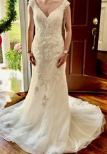 Oleg Cassini Tulle Illusion Cap Sleeve Mermaid Wedding Dress in Ivory | Size: 4