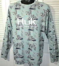HUK Performance Fishing Lightweight L/S Pullover~Men's L~AOP W/Logos~EUC!