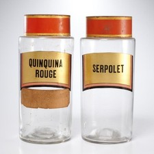 Antique French Apothecary Glass Jar Pair 19th Century Quinine Thyme