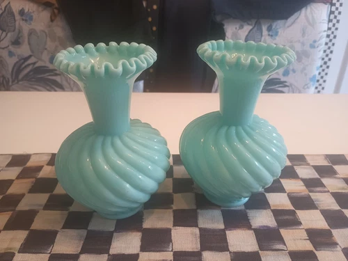 Fenton Pre Logo Pastel Teal Blue/ Green Melon Swirl Crimped Set Of 2 Vases