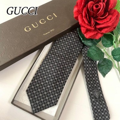 GUCCI Authentic Mens Silk Tie Black Silver GG Monogram Rocking G Embroidered