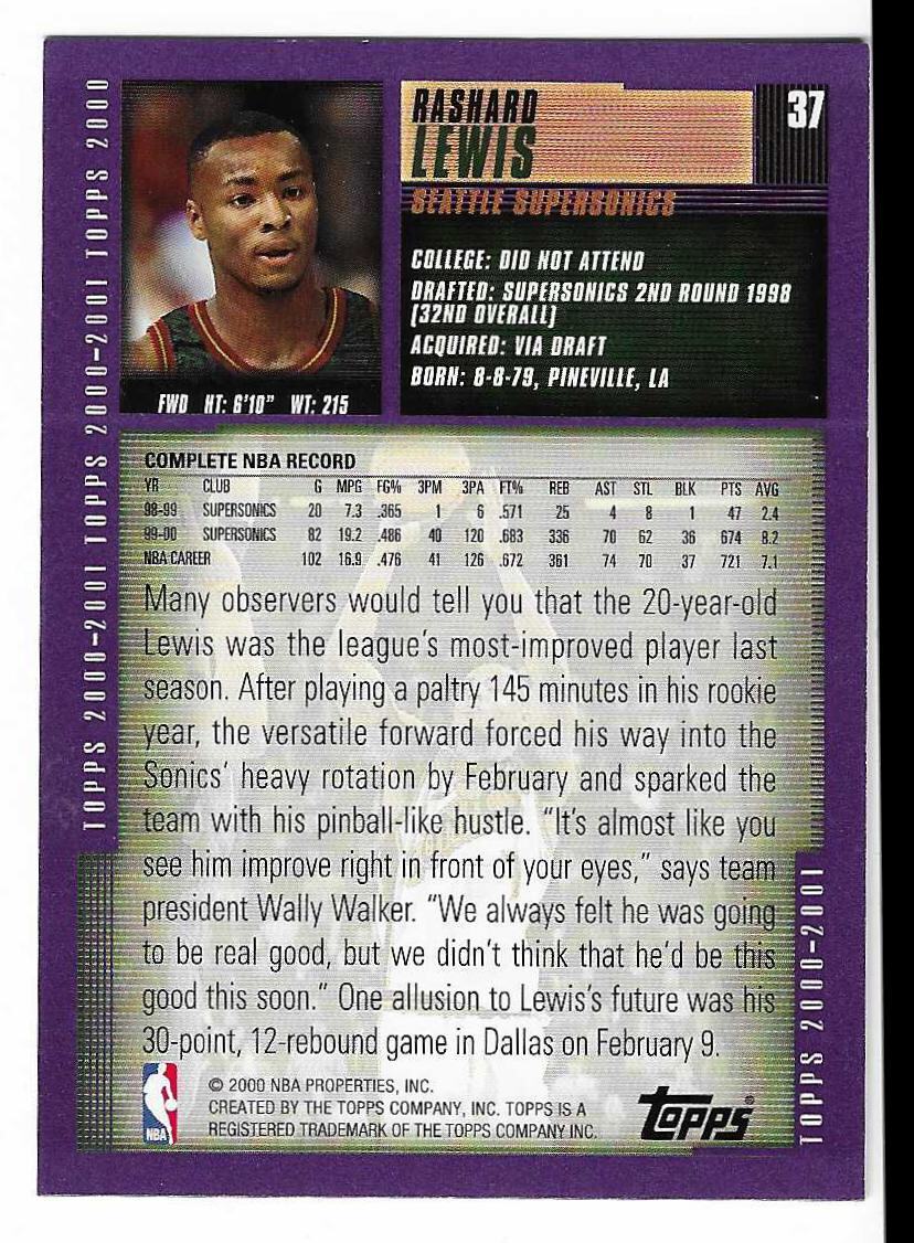 200001 Topps NBA Trading Card Seattle Supersonics 37 Rashard Lewis eBay